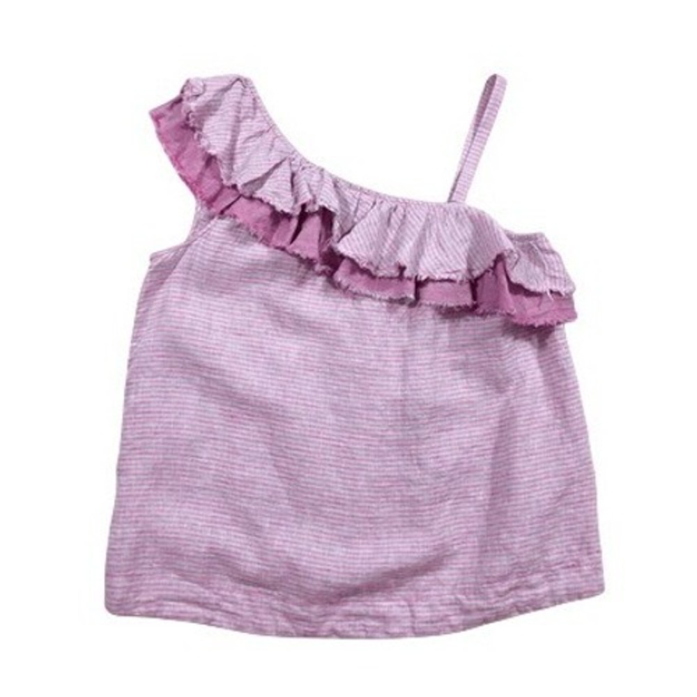 Anthro Holding Horses Linen One Shoulder Pink Gray Stripe Ruffle Tank Top XS‎